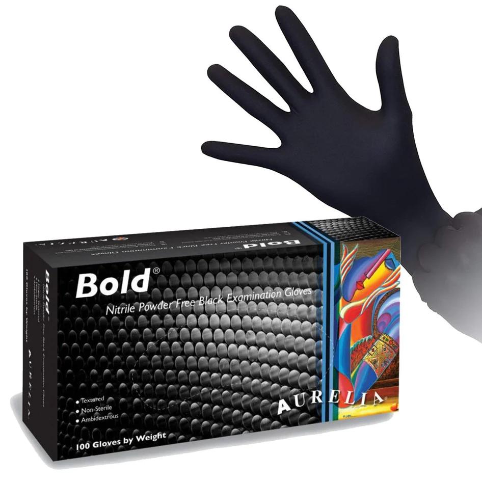 Premium quality Black Nitrile examination gloves that offer greater tensile strength and protection than both Latex and Vinyl. As Aurelia's most versatile glove, the Bold™ formulation offers substantial puncture resistance and durability while retaining all day tactile sensitivity, flexibility and comfort.  The fully textured Black finish (100& Nitrile, Non-Latex, Powder Free) improves gripping action and provides a stylish, yet practical solution for multiple applications. Aurelia® gloves are tested against conform to the highest international standards.