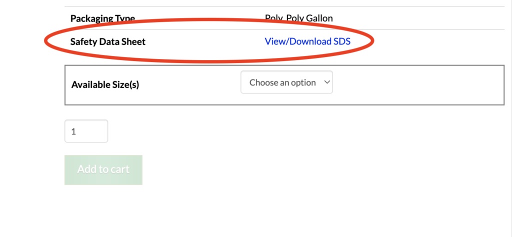 screenshot showing the location of the download link for safety data sheets on product pages.